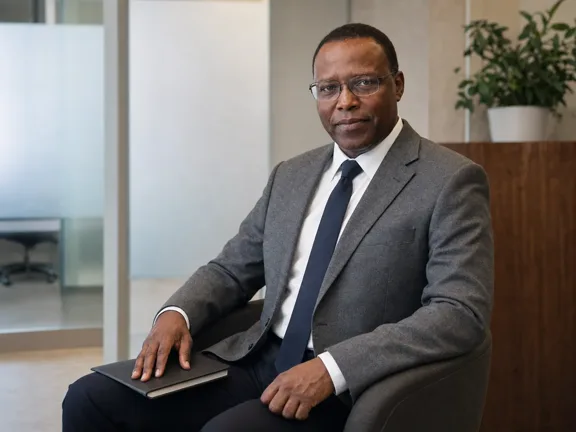 Husain Haroun, CPA, FCCA, founder of HBT Accounting, seated in a Calgary office in a grey blazer with a notebook on his lap