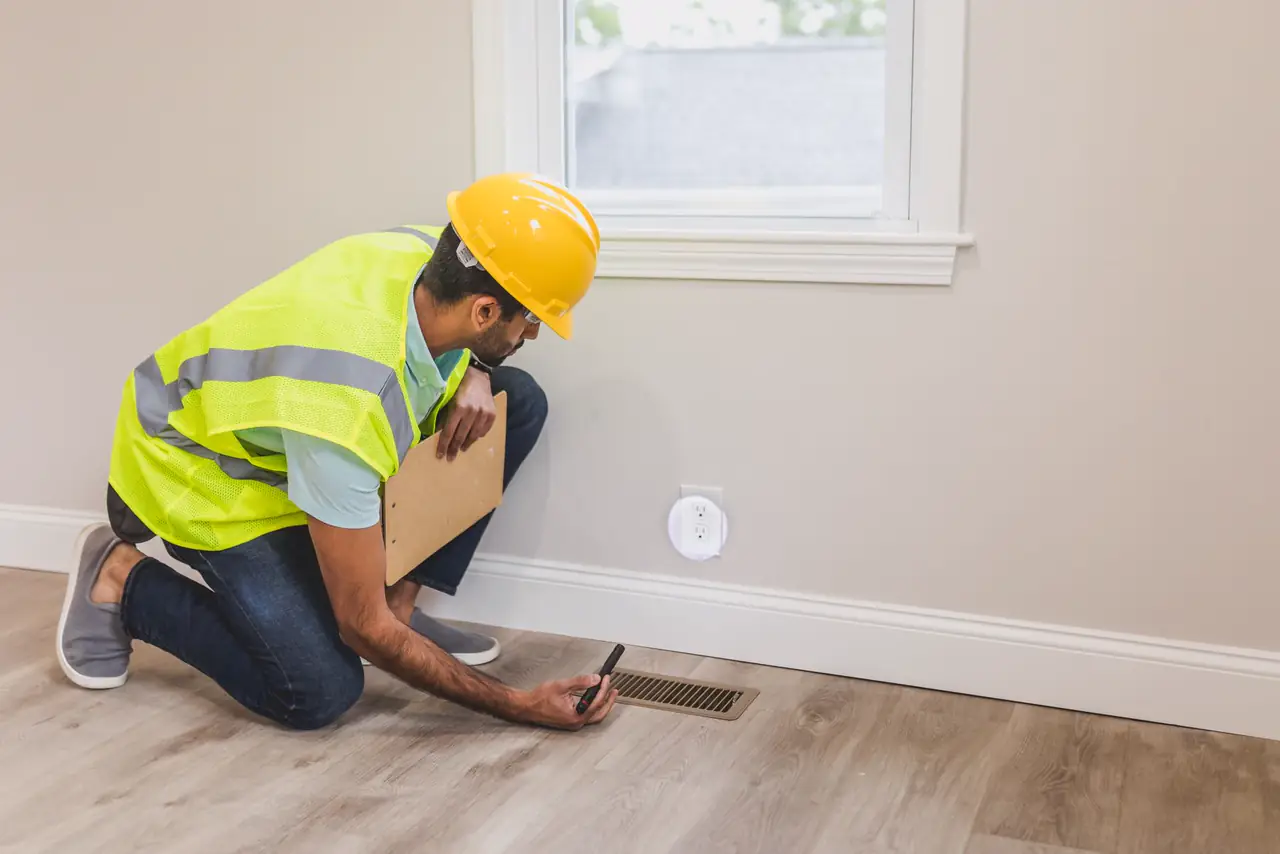 Worker in a hard hat and high visibility vest checks a floor vent in a finished room
